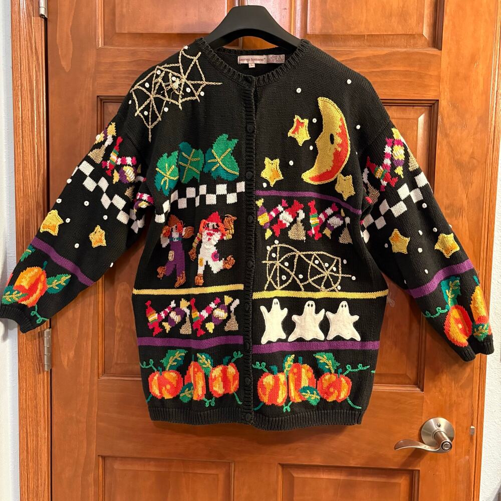 Vintage Halloween Witch Ghost Pumpkin Chunky Knit Cardigan Sweater L